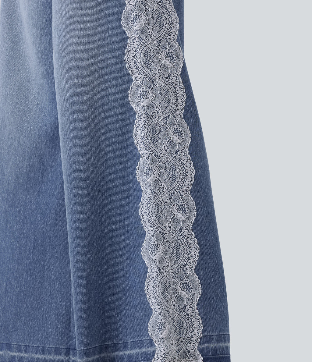 High Waisted Contrast Lace Baggy Casual Jeans with Pockets — Powder Blue Denim — view 7