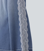 High Waisted Contrast Lace Baggy Casual Jeans with Pockets — Powder Blue Denim — view 7
