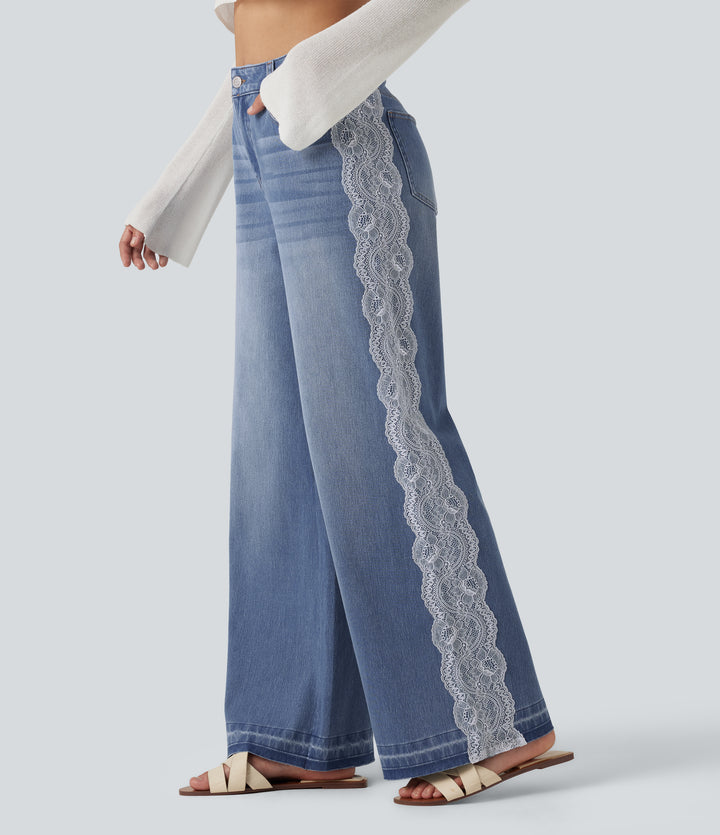High Waisted Contrast Lace Baggy Casual Jeans with Pockets — Powder Blue Denim — view 1