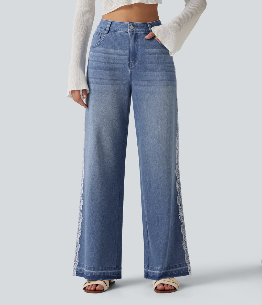 High Waisted Contrast Lace Baggy Casual Jeans with Pockets — Powder Blue Denim — view 3