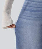 High Waisted Contrast Lace Baggy Casual Jeans with Pockets — Powder Blue Denim — view 6