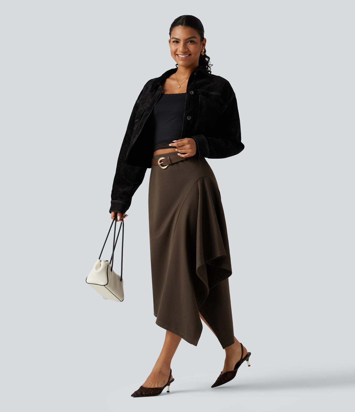 High Waisted A-Line Asymmetric Hem Midi Casual Skirt — Dark Earth — view 5