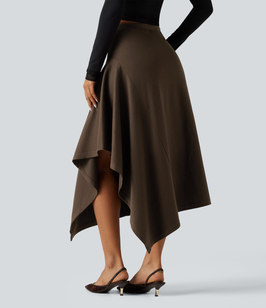 High Waisted A-Line Asymmetric Hem Midi Casual Skirt — Dark Earth — view 2