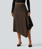 High Waisted A-Line Asymmetric Hem Midi Casual Skirt — Dark Earth — view 1