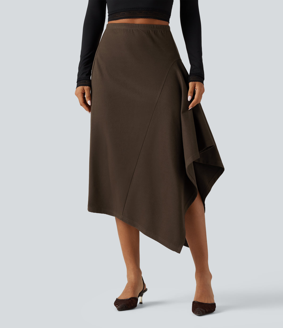 High Waisted A-Line Asymmetric Hem Midi Casual Skirt — Dark Earth — view 1