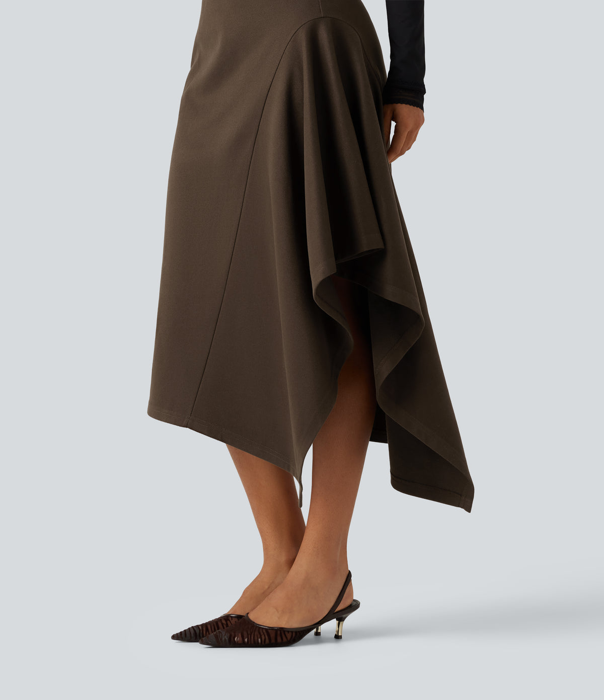 High Waisted A-Line Asymmetric Hem Midi Casual Skirt — Dark Earth — view 4