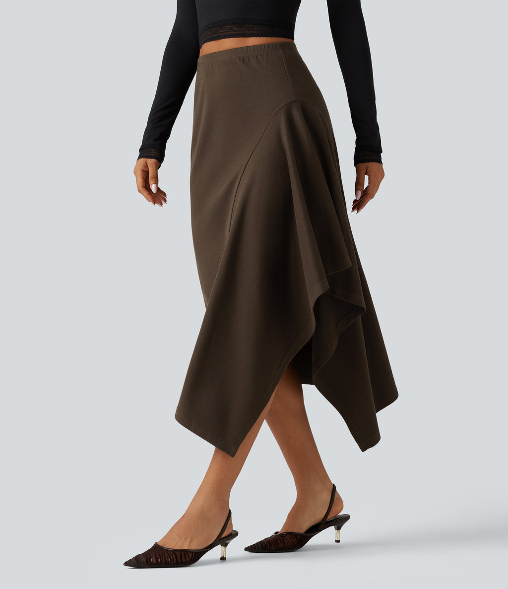 High Waisted A-Line Asymmetric Hem Midi Casual Skirt — Dark Earth — view 3
