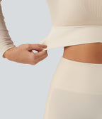 Mock Neck Long Sleeve Non-Removable Pad Mesh Cropped Yoga Sports Top — Pearled Ivory — view 6