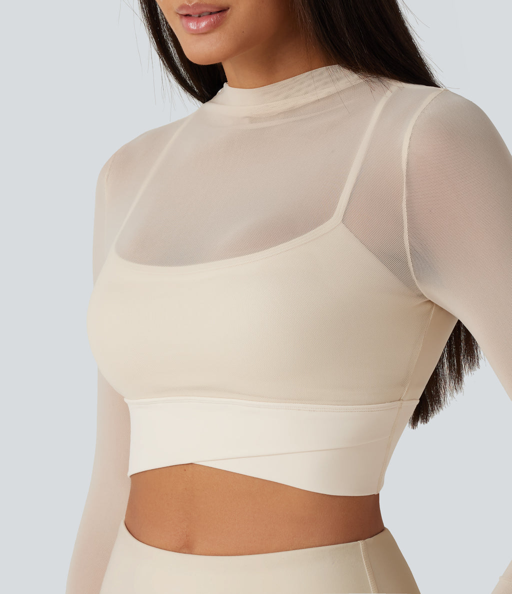Mock Neck Long Sleeve Non-Removable Pad Mesh Cropped Yoga Sports Top — Pearled Ivory — view 5