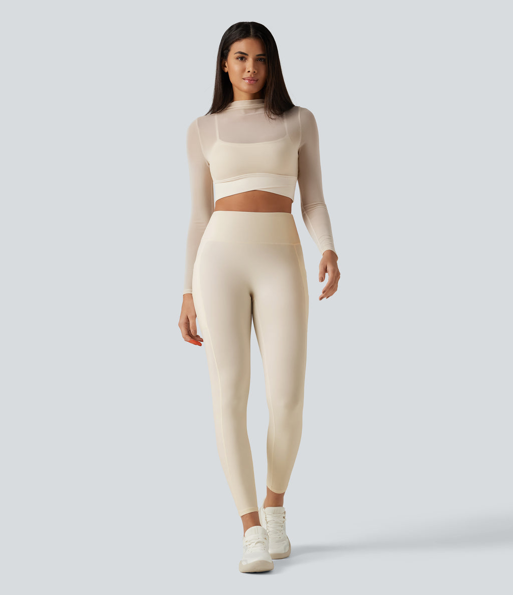 Mock Neck Long Sleeve Non-Removable Pad Mesh Cropped Yoga Sports Top — Pearled Ivory — view 7