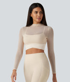 Mock Neck Long Sleeve Non-Removable Pad Mesh Cropped Yoga Sports Top — Pearled Ivory — view 3