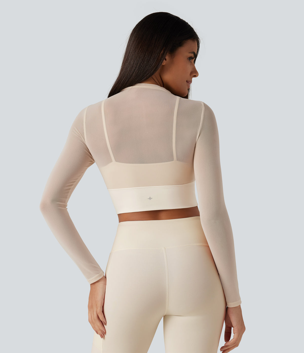 Mock Neck Long Sleeve Non-Removable Pad Mesh Cropped Yoga Sports Top — Pearled Ivory — view 2