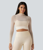 Mock Neck Long Sleeve Non-Removable Pad Mesh Cropped Yoga Sports Top — Pearled Ivory — view 4