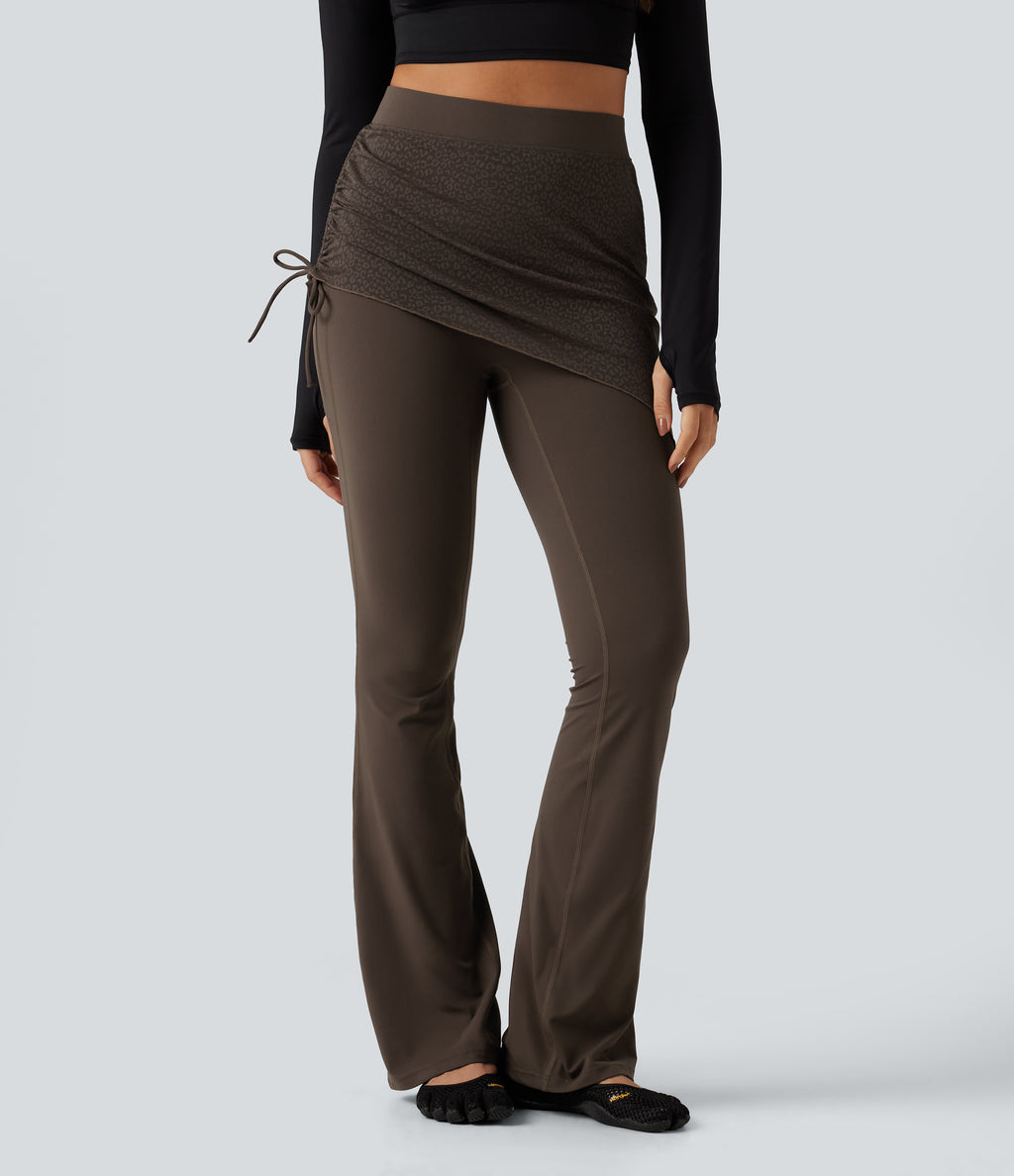 High Waisted Contrast Lace Leopard Print Bootcut Yoga Leggings with Pockets — Hot Fudge — view 1