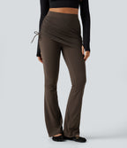 High Waisted Contrast Lace Leopard Print Bootcut Yoga Leggings with Pockets — Hot Fudge — view 1