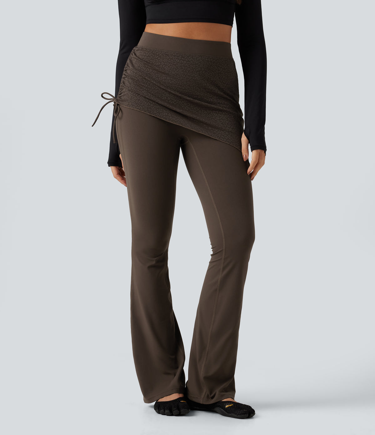 High Waisted Contrast Lace Leopard Print Bootcut Yoga Leggings with Pockets — Hot Fudge — view 1