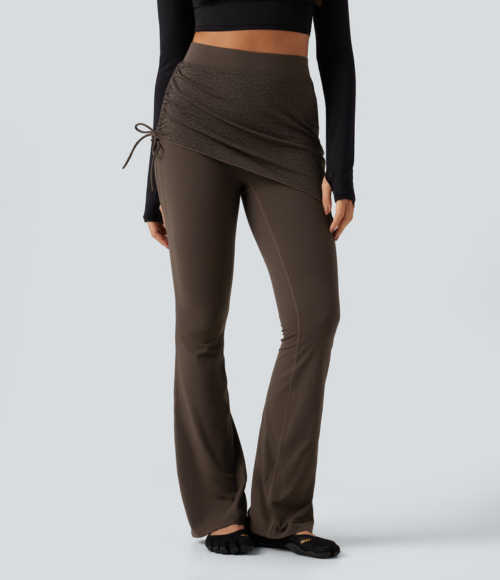 High Waisted Contrast Lace Leopard Print Bootcut Yoga Leggings with Pockets — Hot Fudge — view 1