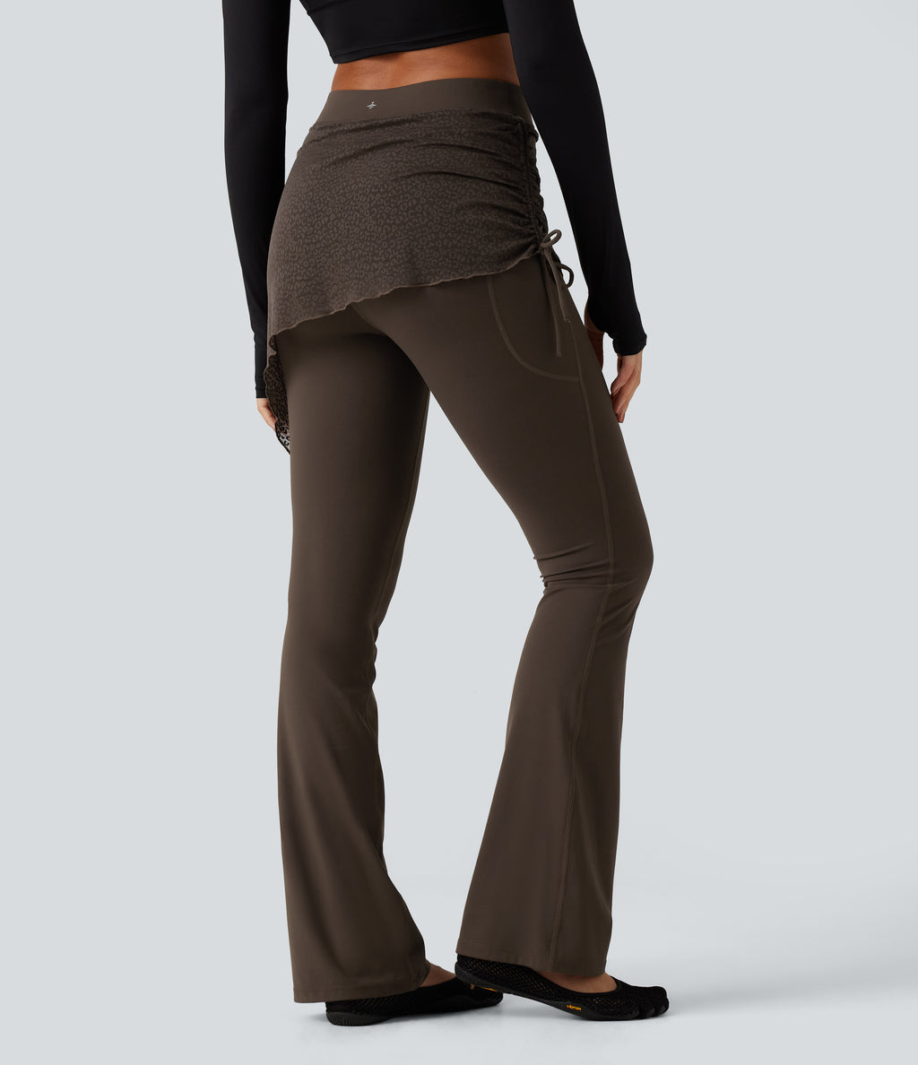 High Waisted Contrast Lace Leopard Print Bootcut Yoga Leggings with Pockets — Hot Fudge — view 2