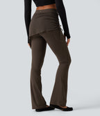 High Waisted Contrast Lace Leopard Print Bootcut Yoga Leggings with Pockets — Hot Fudge — view 2