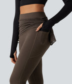 High Waisted Contrast Lace Leopard Print Bootcut Yoga Leggings with Pockets — Hot Fudge — view 5