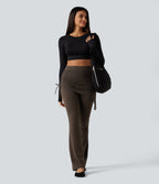 High Waisted Contrast Lace Leopard Print Bootcut Yoga Leggings with Pockets — Hot Fudge — view 8