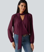 Long Sleeve Party Blouse with Scarf — Burgundy — view 1