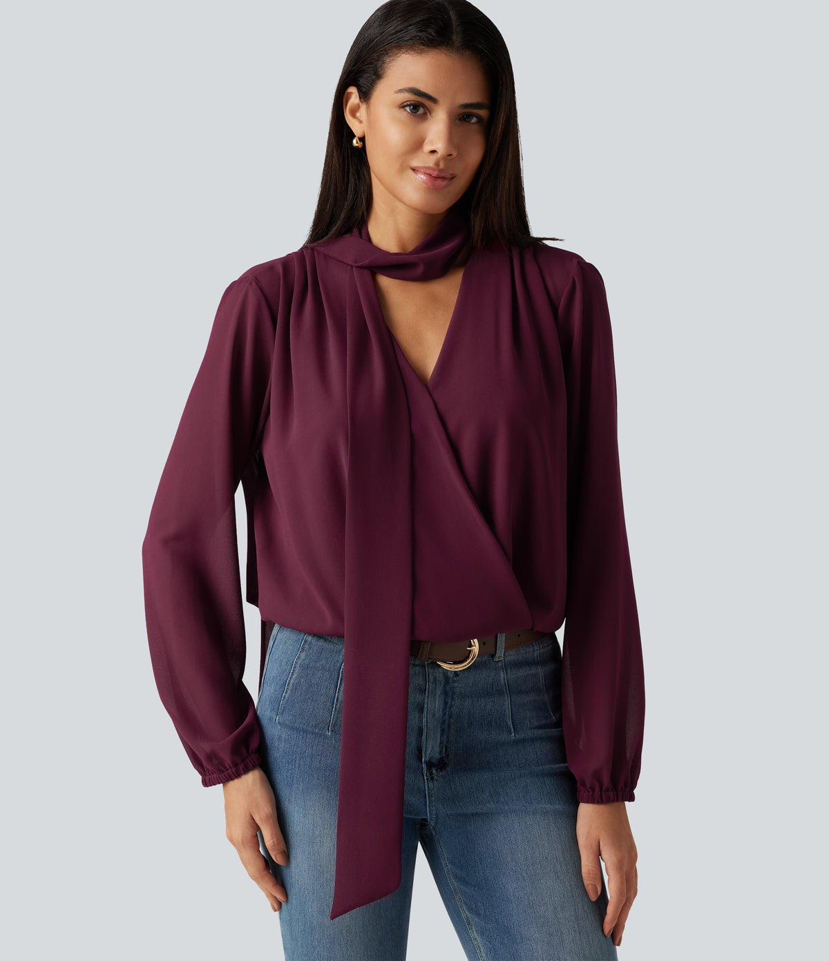 Long Sleeve Party Blouse with Scarf — Burgundy — view 1