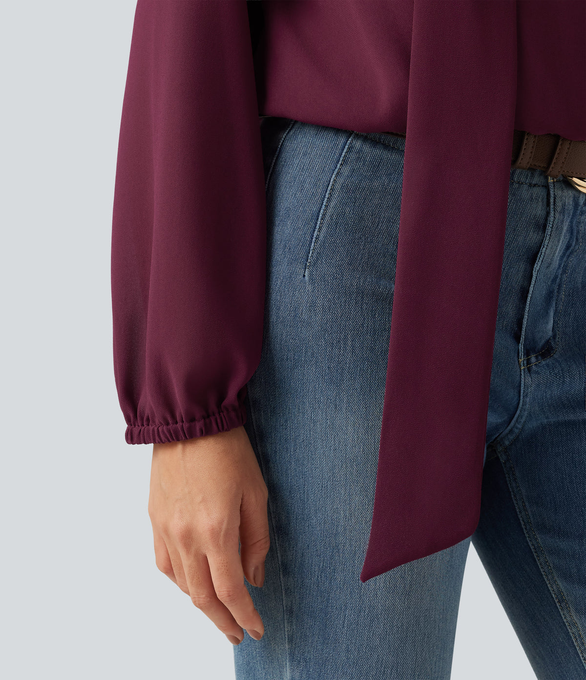 Long Sleeve Party Blouse with Scarf — Burgundy — view 8