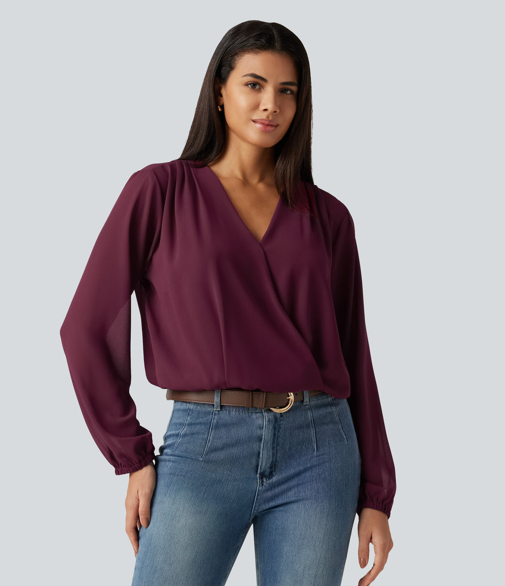 Long Sleeve Party Blouse with Scarf — Burgundy — view 2