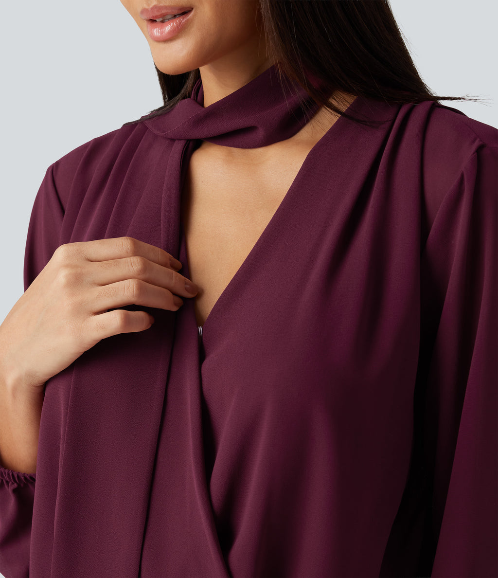 Long Sleeve Party Blouse with Scarf — Burgundy — view 7
