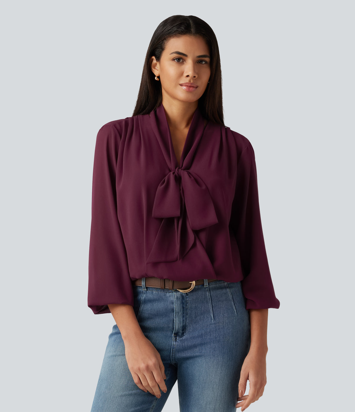 Long Sleeve Party Blouse with Scarf — Burgundy — view 6