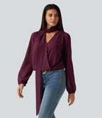 Long Sleeve Party Blouse with Scarf — Burgundy — view 4