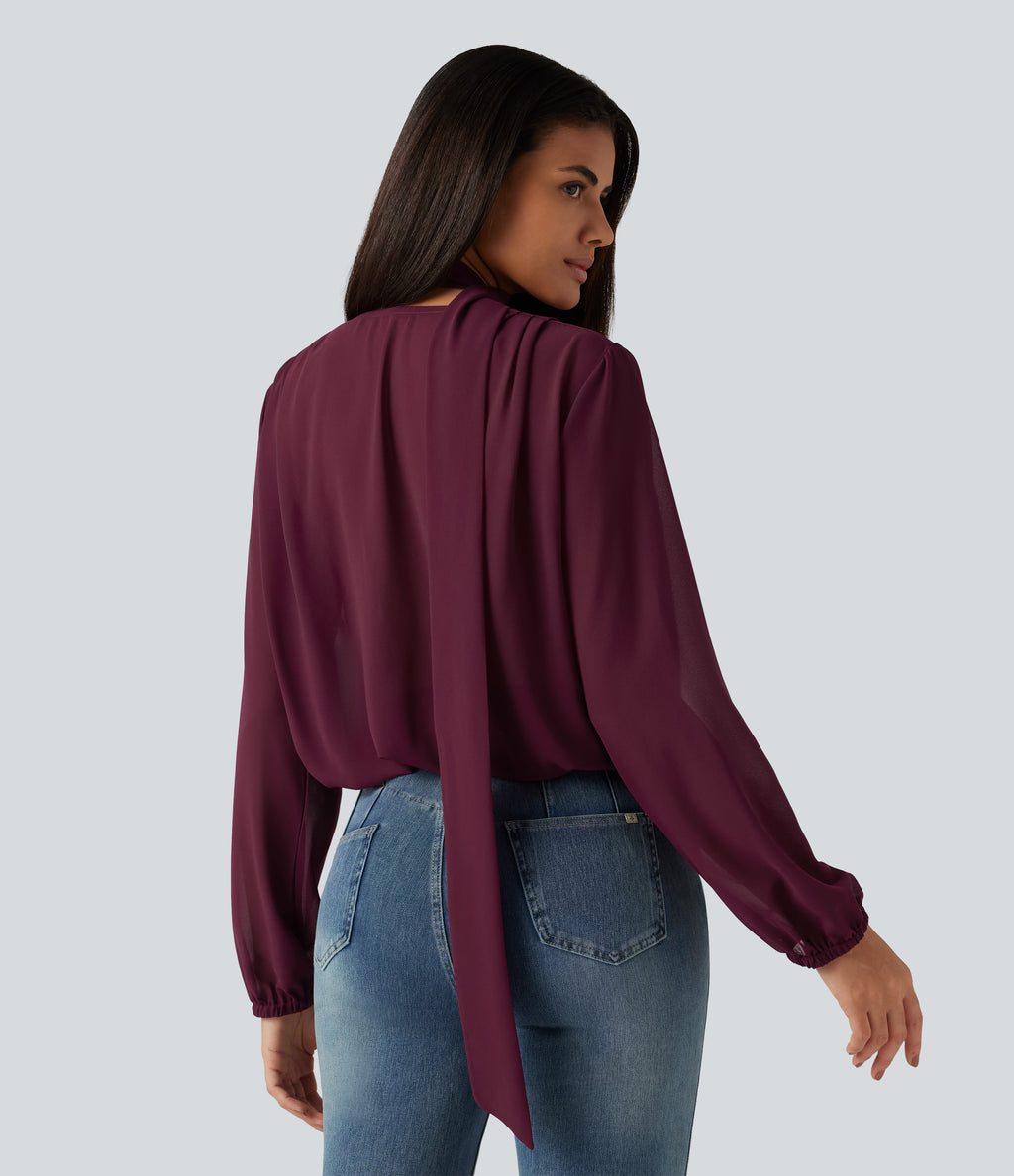 Long Sleeve Party Blouse with Scarf — Burgundy — view 3