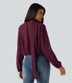 Long Sleeve Party Blouse with Scarf — Burgundy — view 3