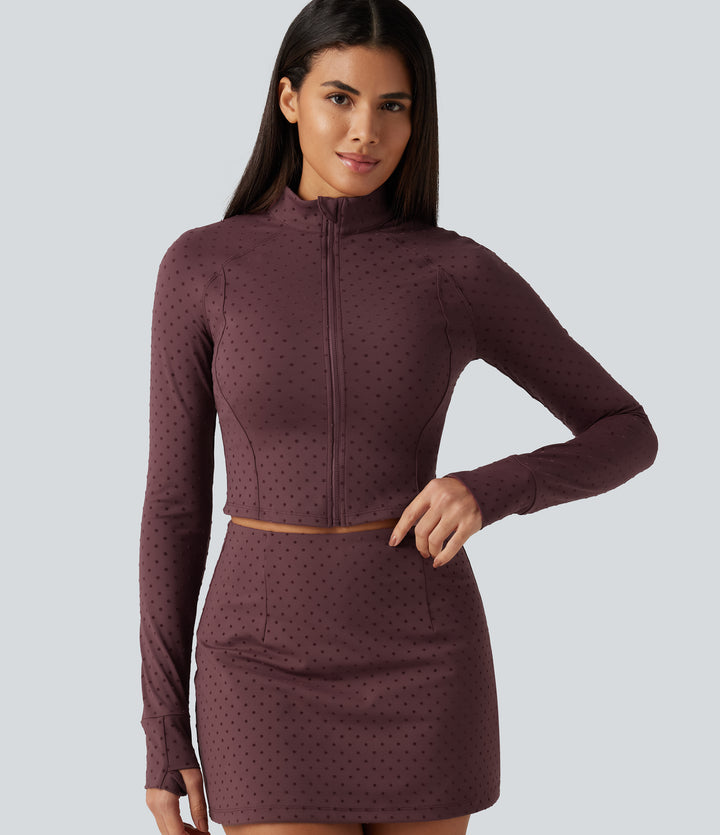 Stand Collar Long Sleeve Thumb Hole Polka Dot Velvet Yoga Jacket with Pocket — Syrah Red Dot — view 1