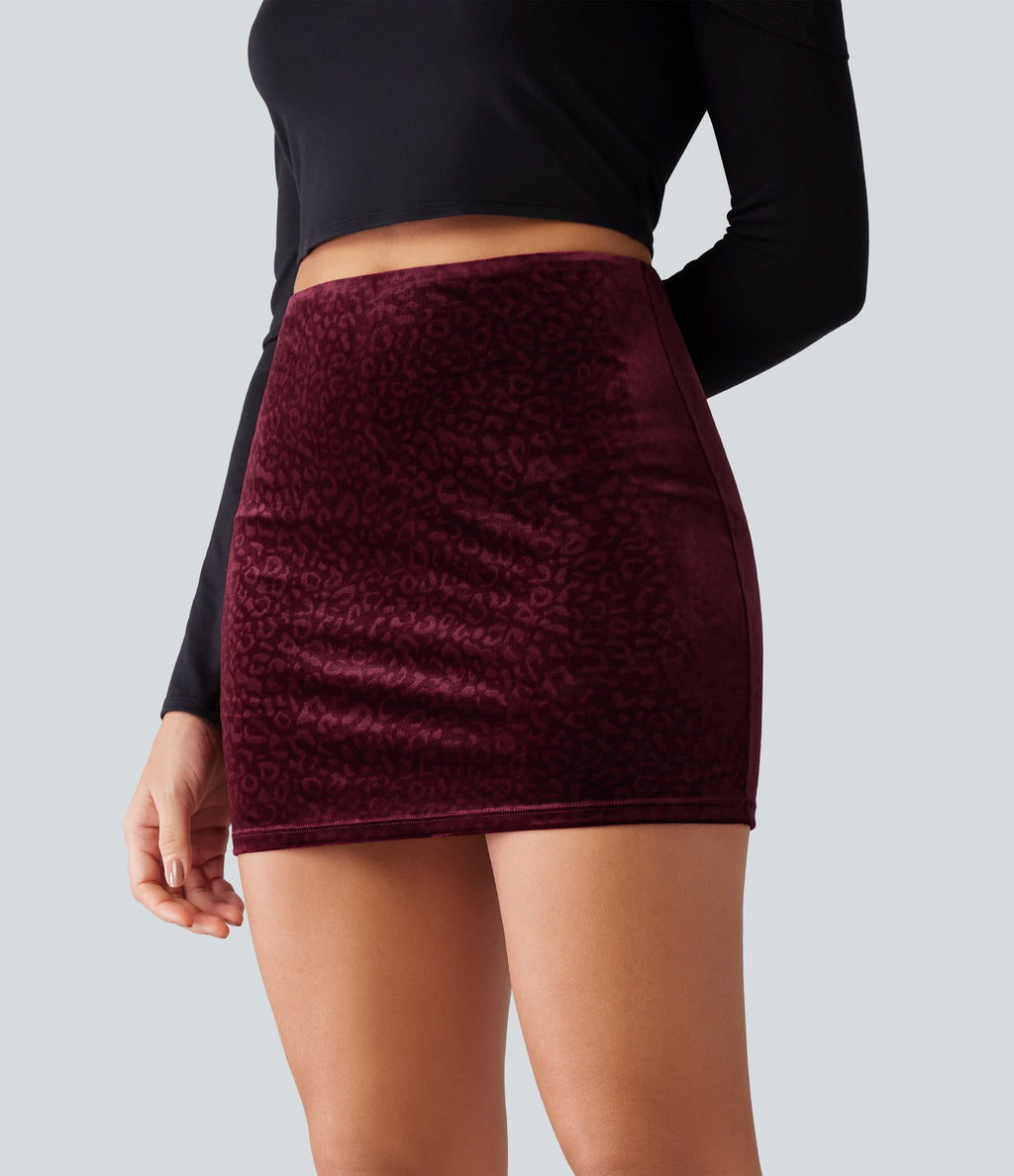 High Waisted 2-in-1 Bodycon Velvet Leopard Print Mini Party Skirt — Crimson Wild — view 3