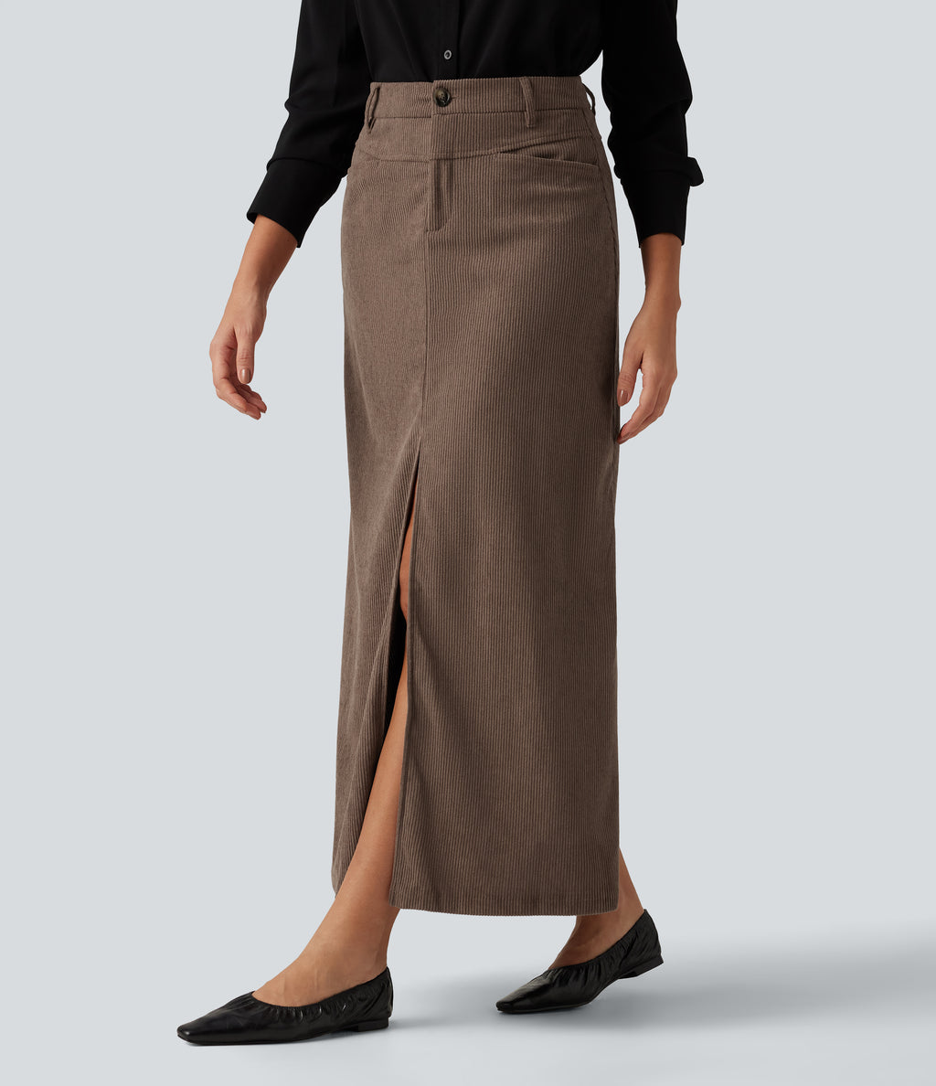 High Waisted A-Line Corduroy Maxi Work Skirt with Pockets — Acorn — view 3