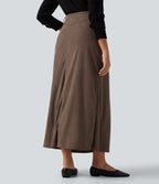 High Waisted A-Line Corduroy Maxi Work Skirt with Pockets — Acorn — view 2