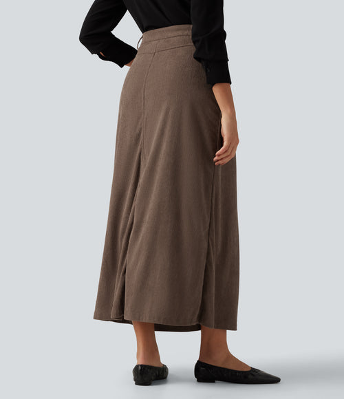 High Waisted A-Line Corduroy Maxi Work Skirt with Pockets — Acorn — view 2