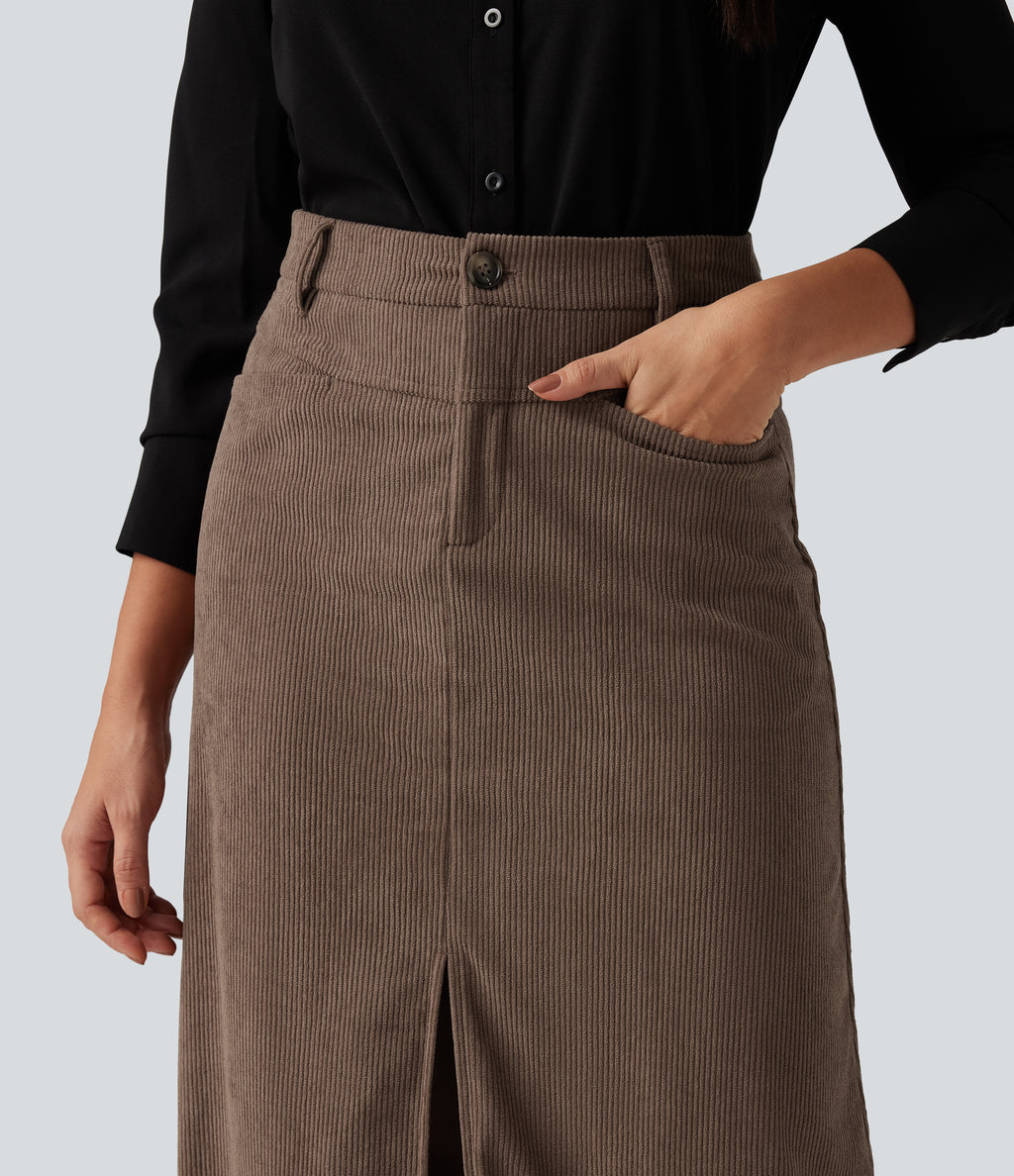 High Waisted A-Line Corduroy Maxi Work Skirt with Pockets — Acorn — view 4