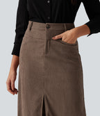 High Waisted A-Line Corduroy Maxi Work Skirt with Pockets — Acorn — view 4