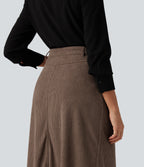 High Waisted A-Line Corduroy Maxi Work Skirt with Pockets — Acorn — view 5