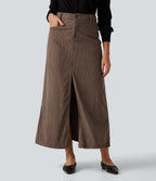 High Waisted A-Line Corduroy Maxi Work Skirt with Pockets — Acorn — view 1