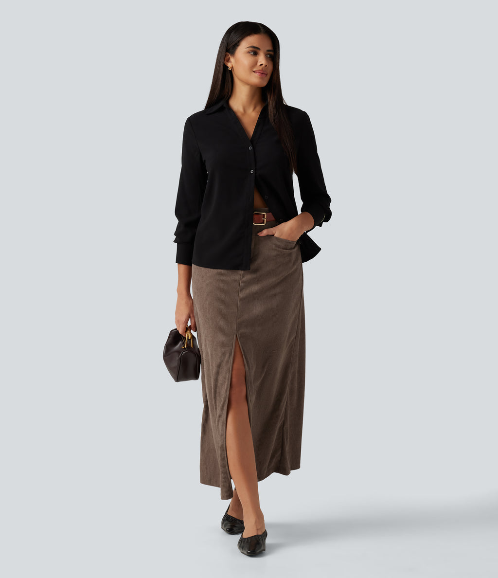 High Waisted A-Line Corduroy Maxi Work Skirt with Pockets — Acorn — view 6