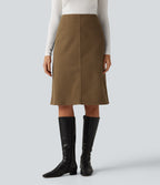 Mid Rise A-Line Corduroy Midi Work Skirt with Pockets — Butternut — view 1
