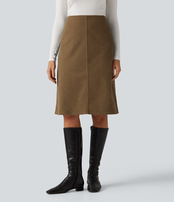 Mid Rise A-Line Corduroy Midi Work Skirt with Pockets — Butternut — view 1