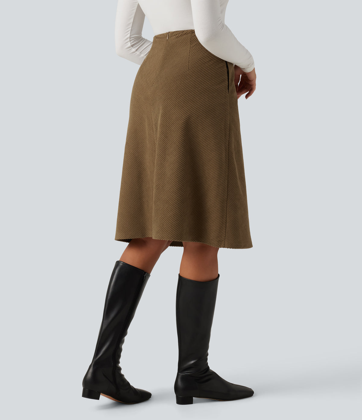 Mid Rise A-Line Corduroy Midi Work Skirt with Pockets — Butternut — view 2