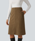 Mid Rise A-Line Corduroy Midi Work Skirt with Pockets — Butternut — view 4