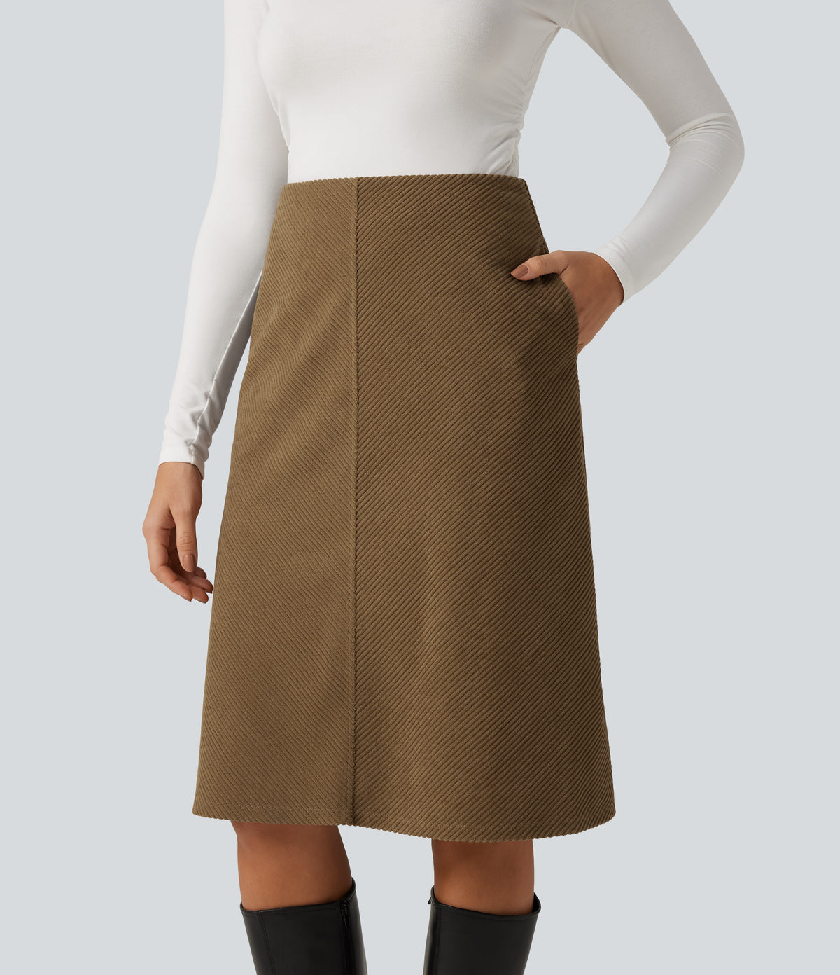 Mid Rise A-Line Corduroy Midi Work Skirt with Pockets — Butternut — view 4