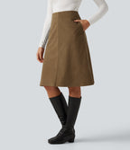 Mid Rise A-Line Corduroy Midi Work Skirt with Pockets — Butternut — view 3